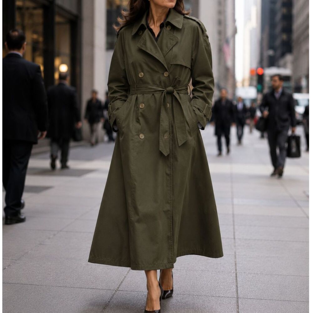 Vintage London Fog Petite Trench Coat: Olive Green Double-Breasted Maxi Raincoat
